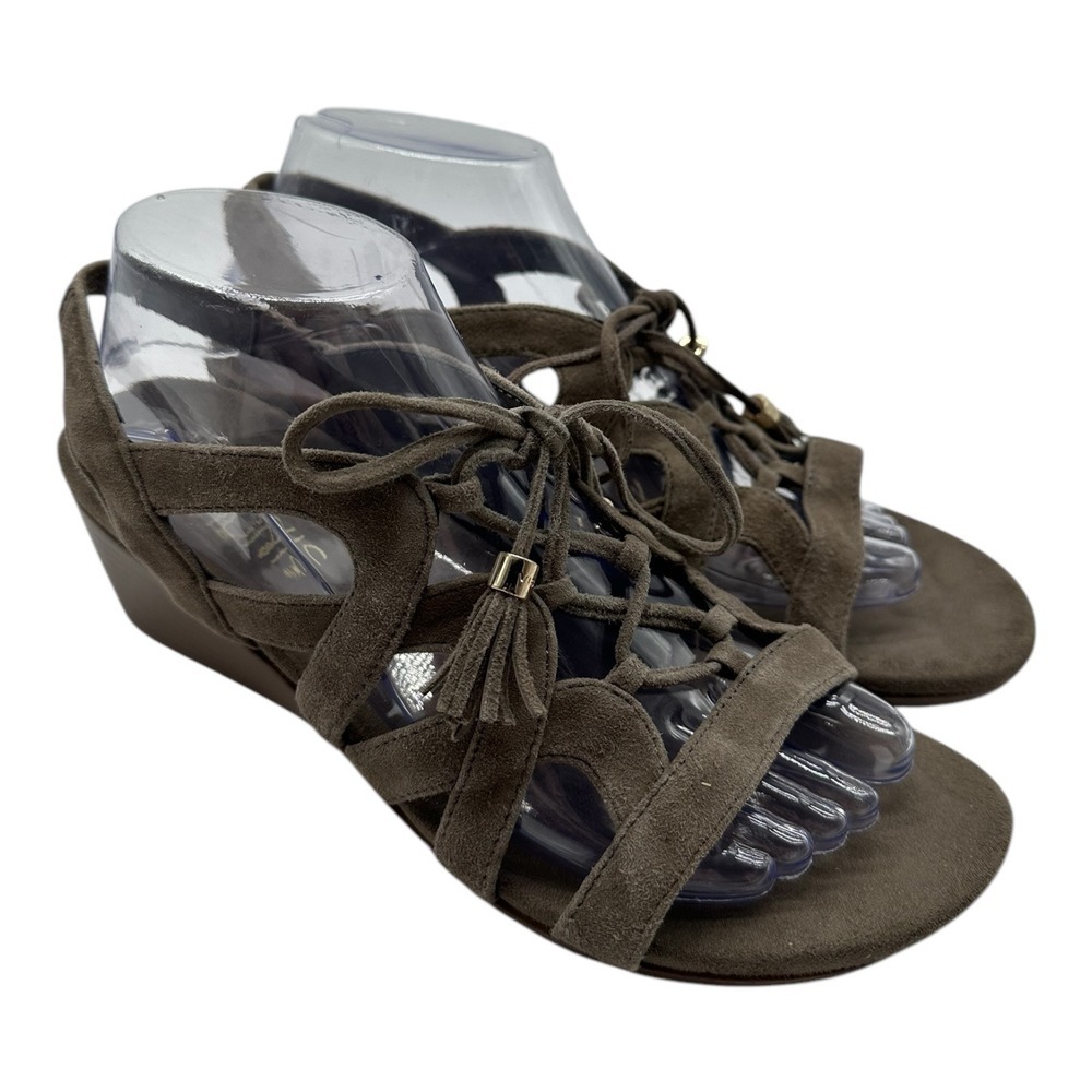 Vionic Kalie‎ Sandals Womens 8 Gray Suede Strappy Wedge Shoes Tasseled Open Toe